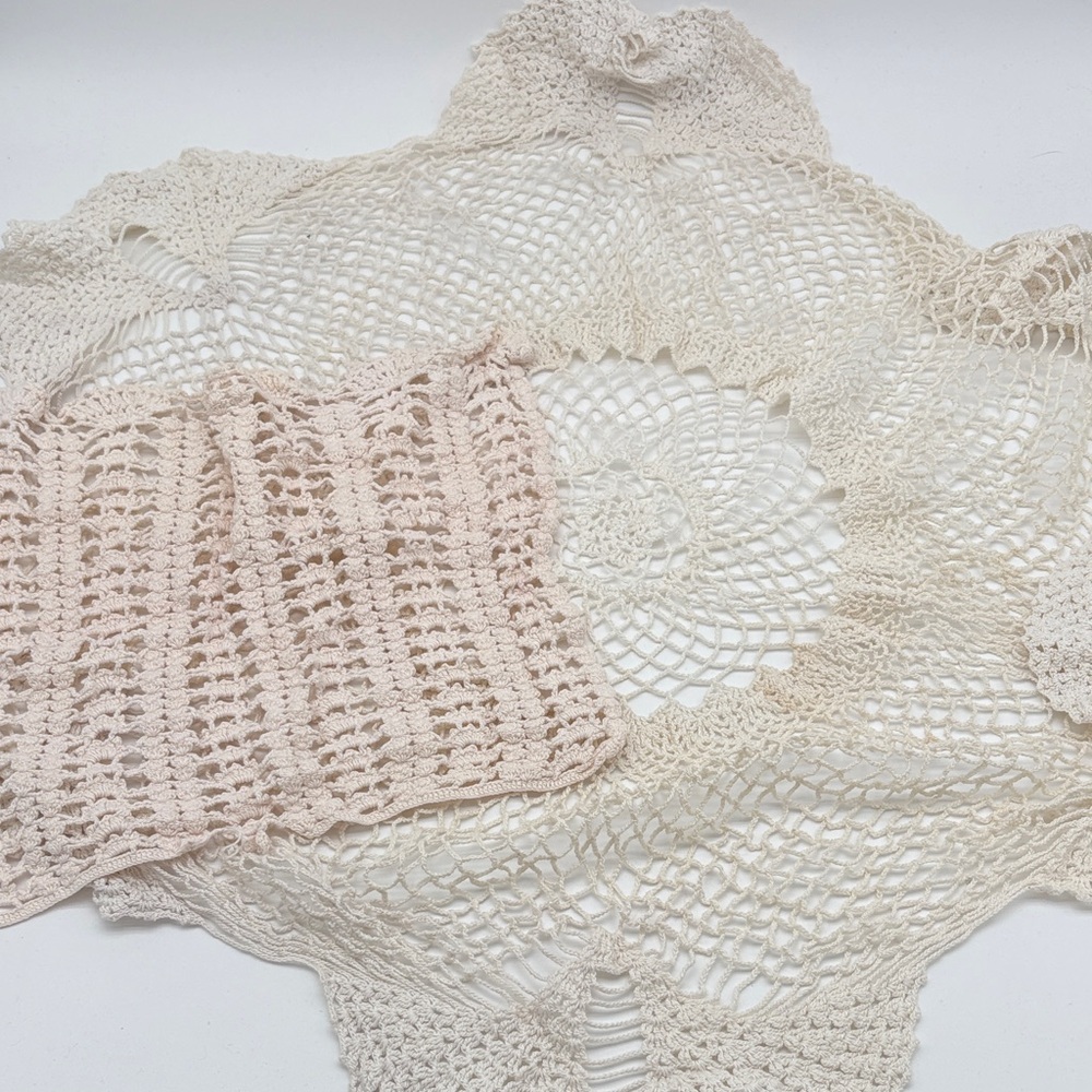 Lot of 2 Handmade Crochet Lace Knit Square Star Doilies Cream White